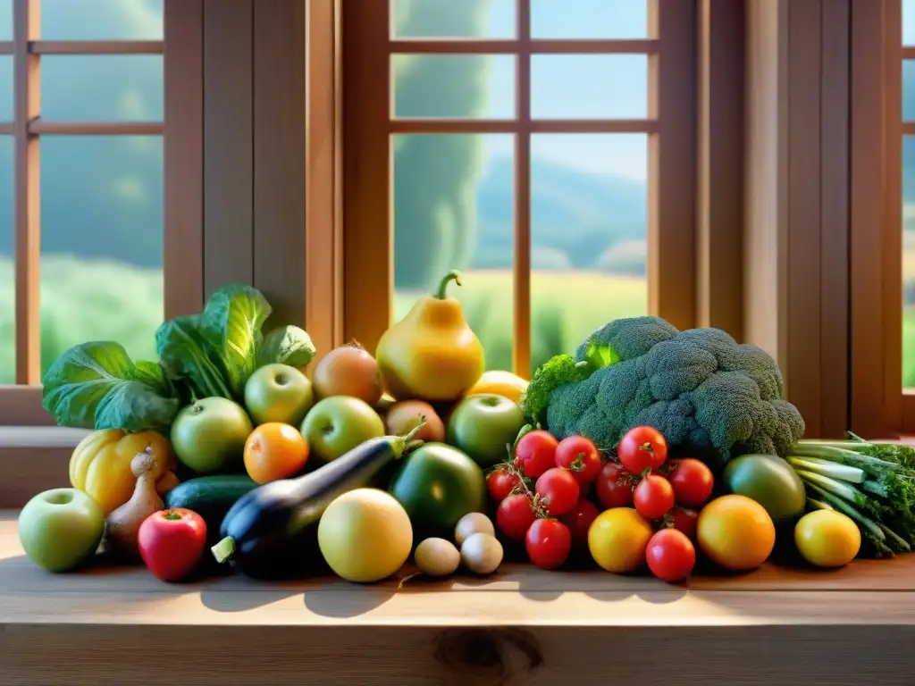 Una exquisita variedad de frutas y verduras frescas sobre una mesa de madera rústica, iluminadas por cálidos rayos de sol, transmitiendo vitalidad y frescura en una dieta sin gluten para revitalizar la microbiota