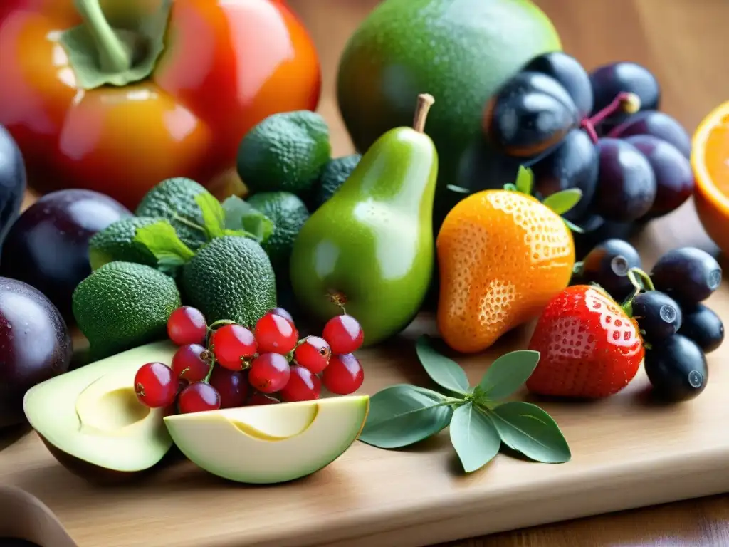 Una exquisita variedad de frutas y verduras frescas sobre tabla de madera, destacando los beneficios de una dieta sin gluten