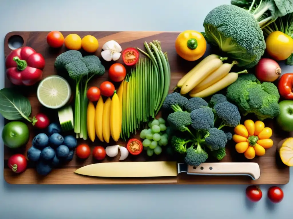 Una exquisita variedad de frutas y verduras coloridas en una tabla de cortar de madera