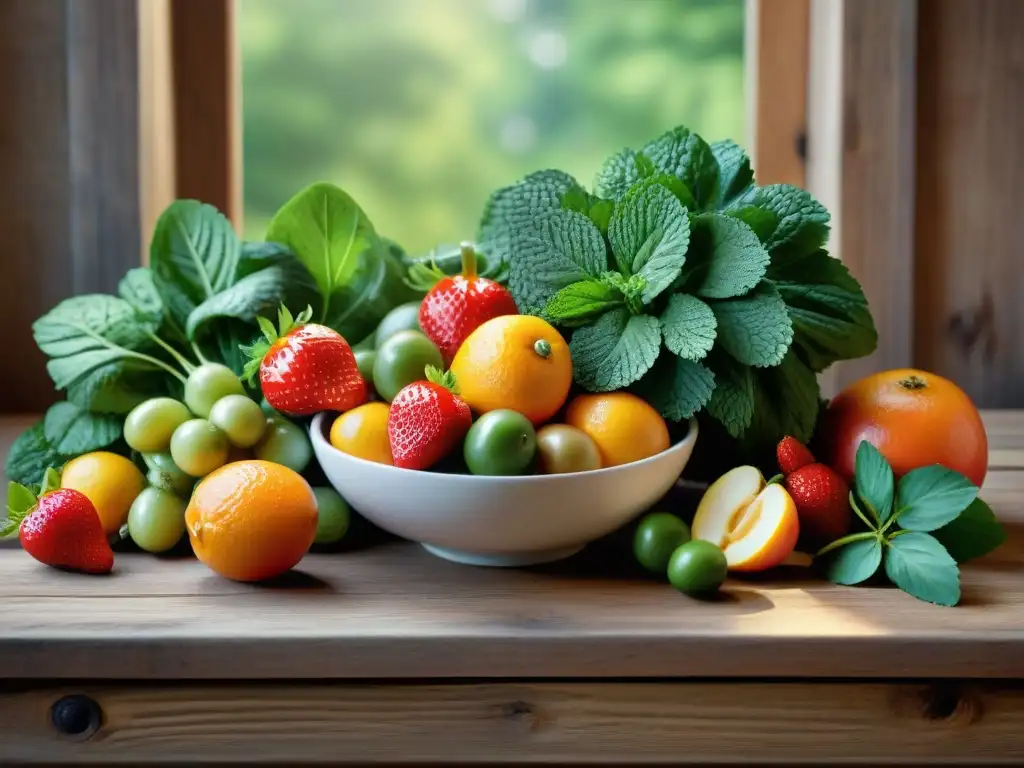 Una exquisita variedad de frutas y verduras frescas, coloridas y apetitosas en una mesa de madera rústica