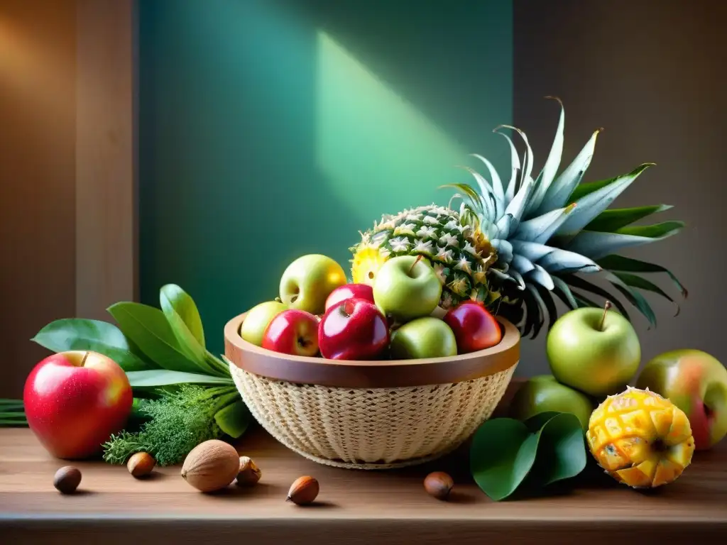 Una exquisita variedad de frutas, verduras, frutos secos y granos en cestas de mimbre sobre una mesa de cocina de madera rústica