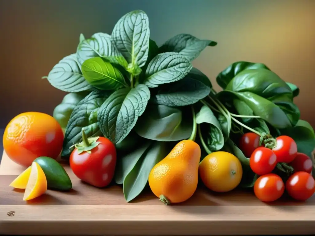 Una exquisita variedad de frutas y verduras frescas en tabla de madera, destacando las vitaminas en dieta sin gluten