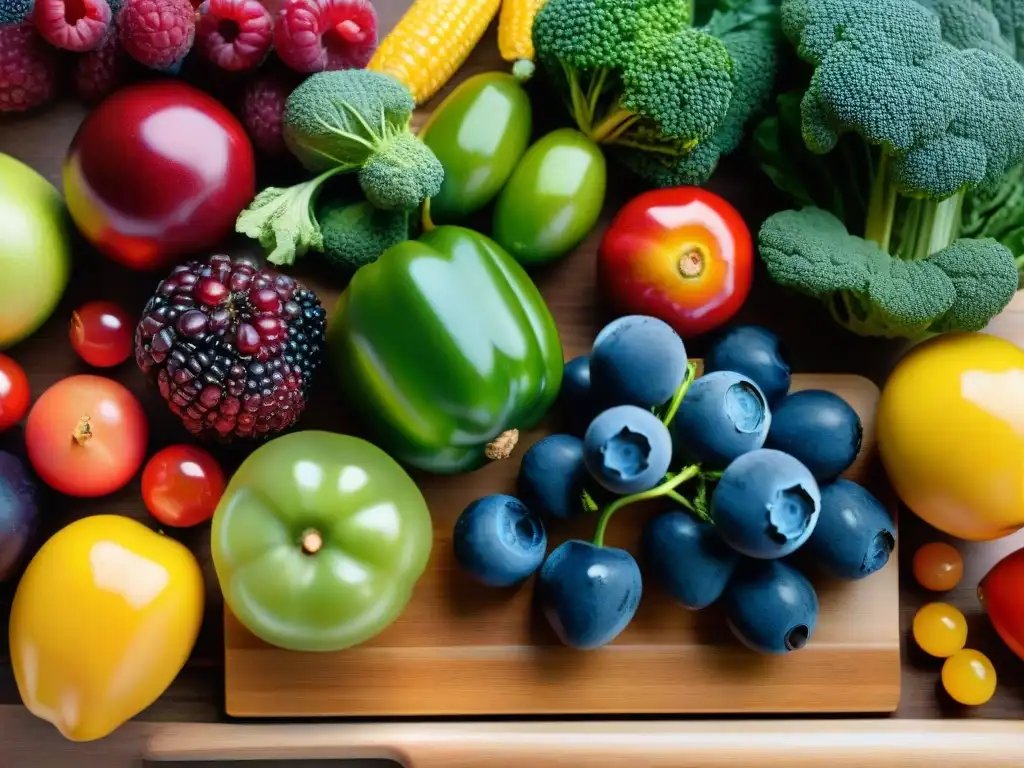 Una exquisita variedad de frutas y verduras en una tabla de cortar de madera, con gotas de agua brillando