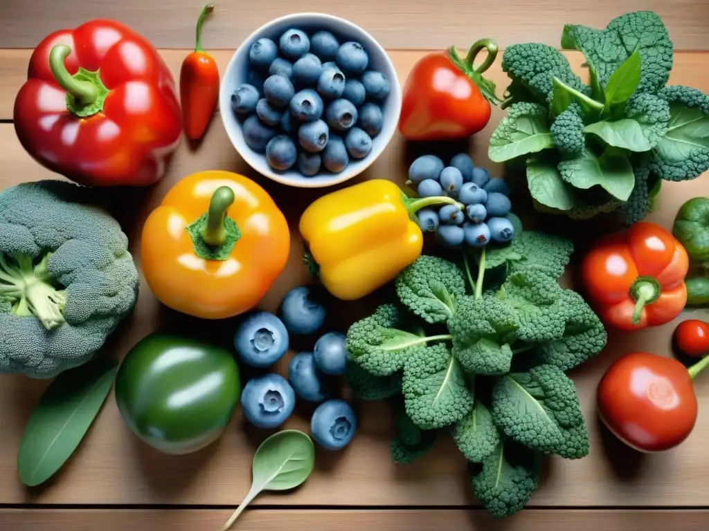 Una exquisita variedad de frutas y verduras antioxidantes en una mesa de madera, evocando los beneficios de la dieta sin gluten