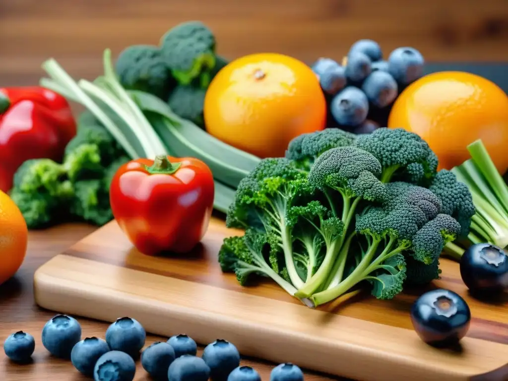 Una exquisita variedad de frutas y verduras frescas sobre tabla de madera