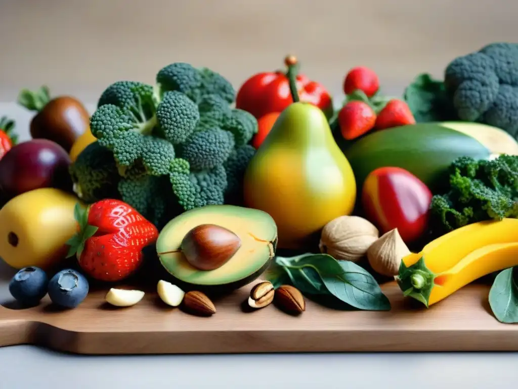 Una exquisita variedad de frutas, verduras, frutos secos y semillas en una tabla de madera