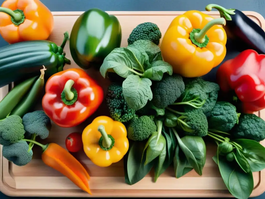 Una exquisita variedad de frutas y verduras con vitaminas, perfectamente detalladas en una tabla de cortar de madera