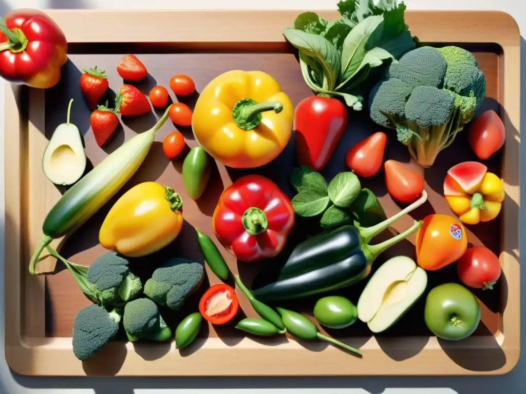 Una exquisita variedad de frutas y verduras frescas en tabla de madera