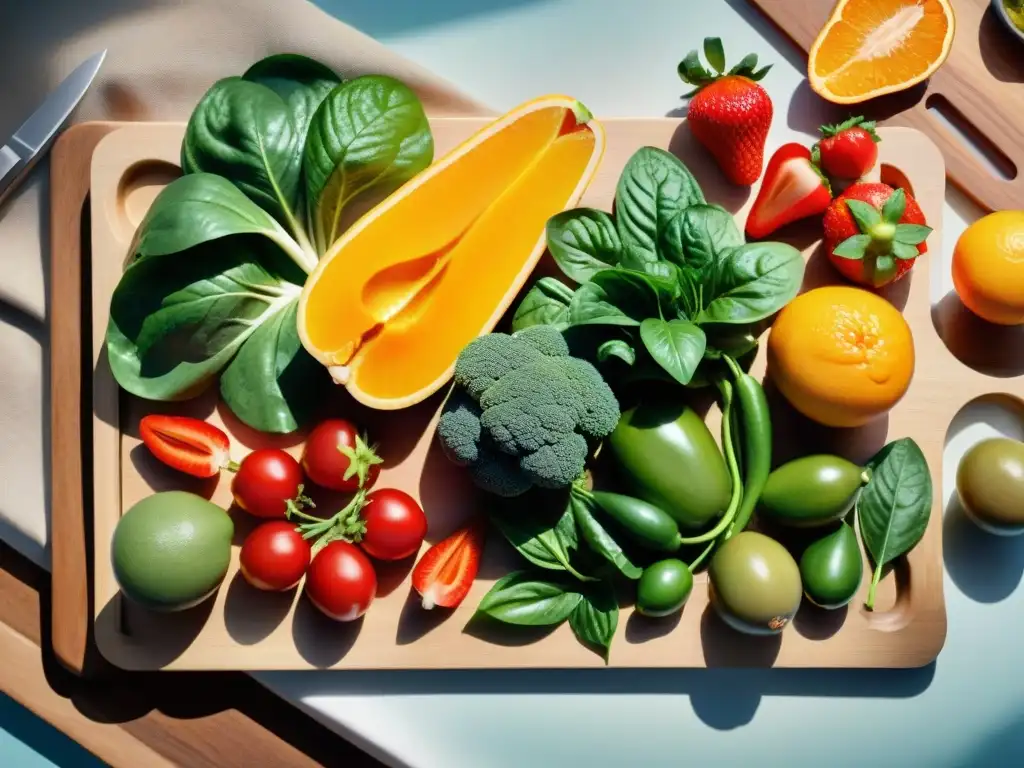 Una exquisita variedad de frutas y verduras coloridas en tabla de madera, ideal para una dieta sin gluten rica en vitaminas