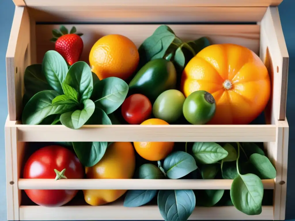 Una exquisita variedad de frutas y verduras frescas, ricas en vitaminas, en una caja de madera