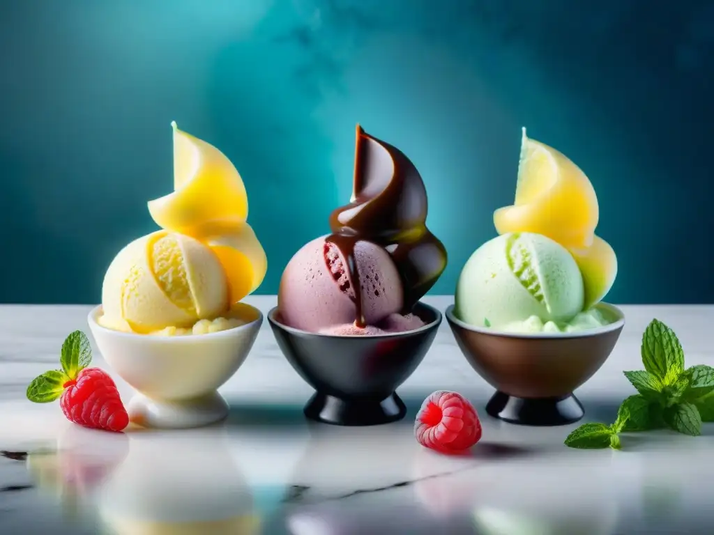 Deliciosos helados caseros sin gluten en mármol Una exquisita variedad de helados sin gluten caseros, presentados con elegancia en mármol con frutas frescas y chocolate