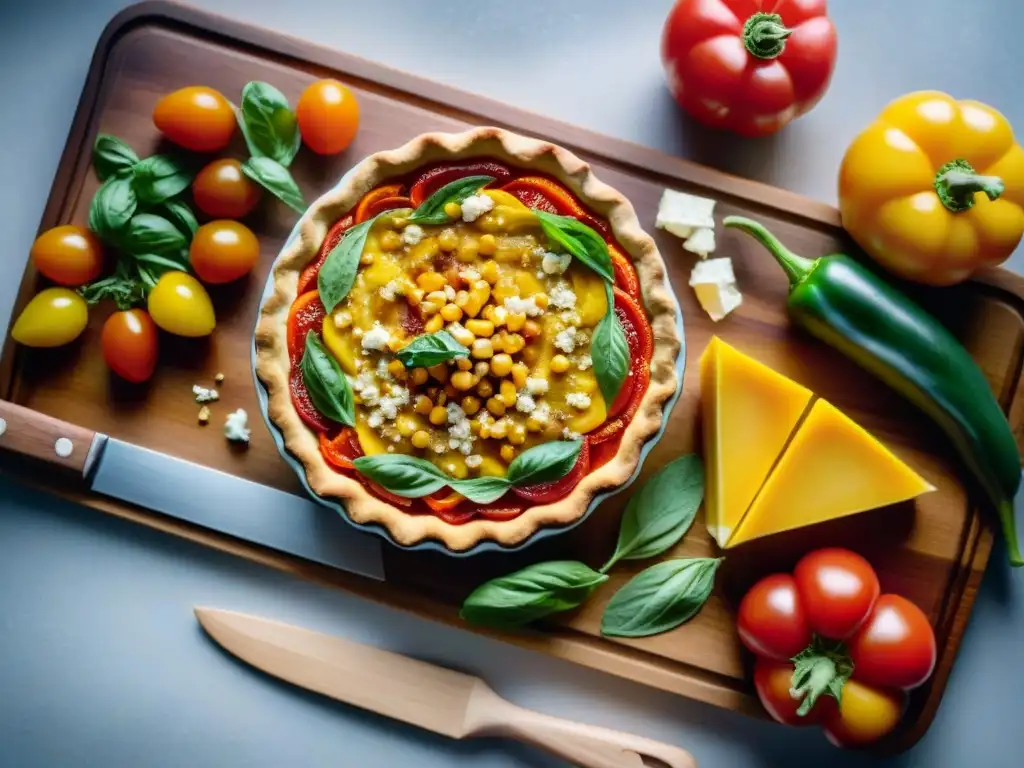 Una exquisita variedad de ingredientes coloridos y frescos para recetas quiche sin gluten gourmet, sobre tabla de madera rústica con luz natural