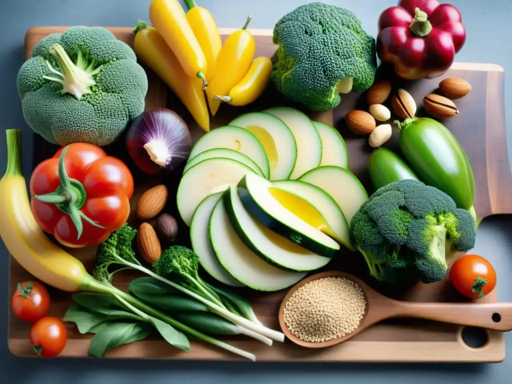 Una exquisita variedad de ingredientes frescos y coloridos en una tabla de cortar de madera, inspirando recetas sin gluten innovadoras saludables