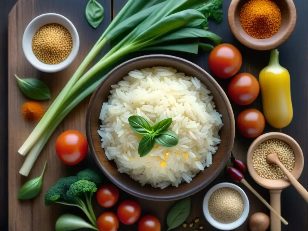 Una exquisita variedad de ingredientes sin gluten para recetas arroz, coloridos y vibrantes sobre una mesa rústica de madera