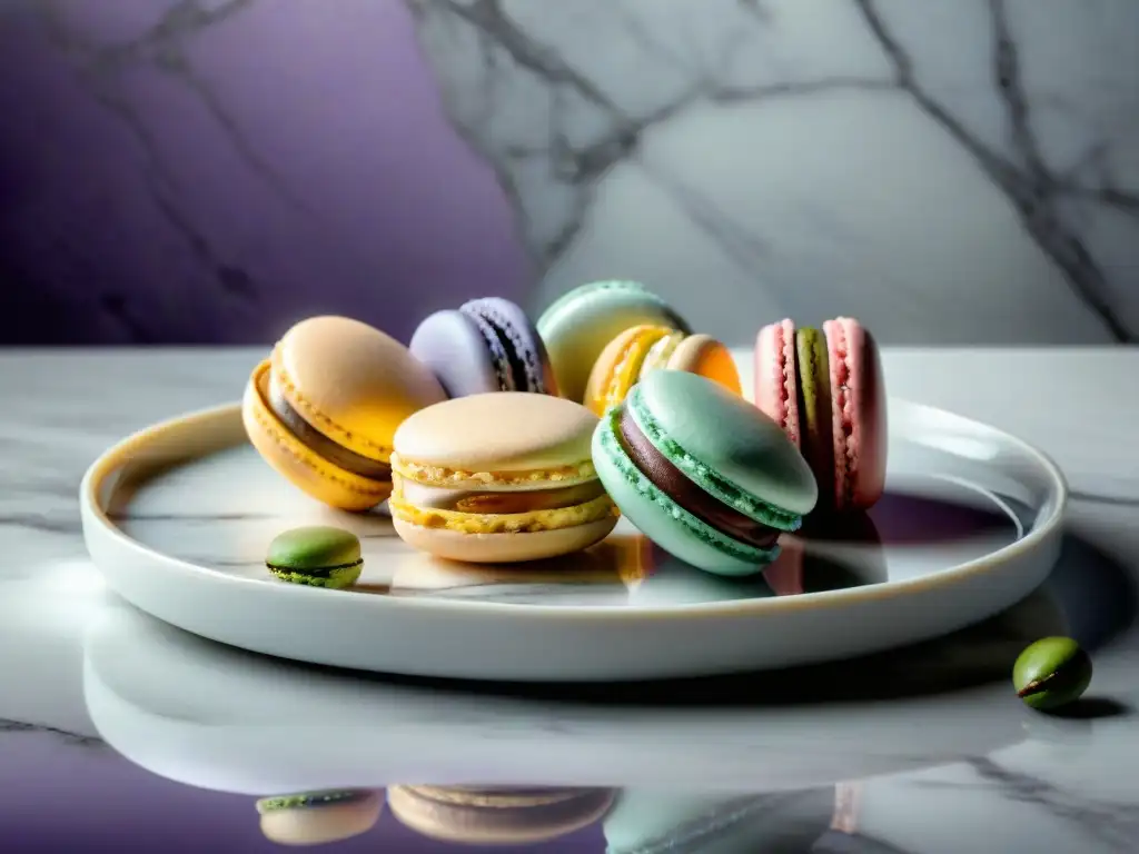 Una exquisita variedad de Macarons franceses sin gluten deliciosos sobre plato de mármol blanco