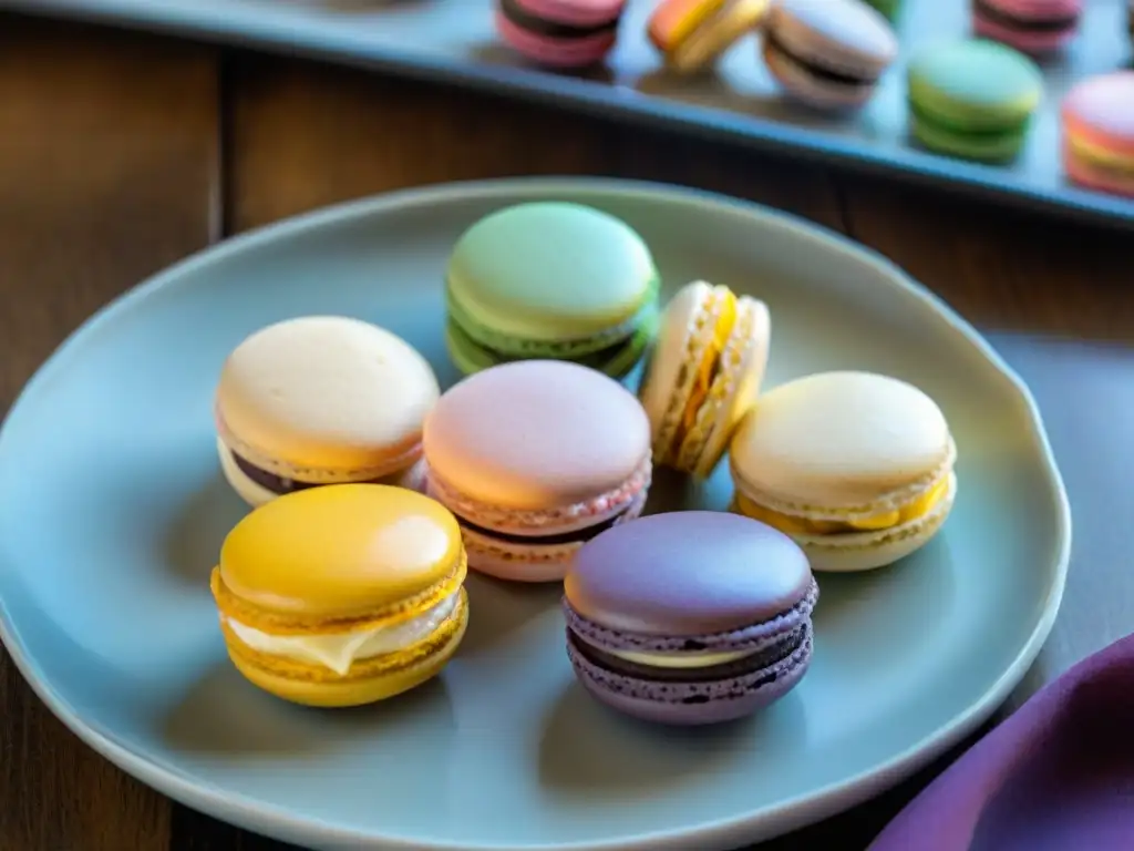 Una exquisita variedad de Macarons franceses sin gluten deliciosos en tonos vibrantes sobre un plato blanco