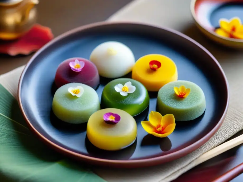 Una exquisita variedad de mochi sin gluten en plato japonés, adornados con flores comestibles y hojas de oro, sobre un fondo de té verde