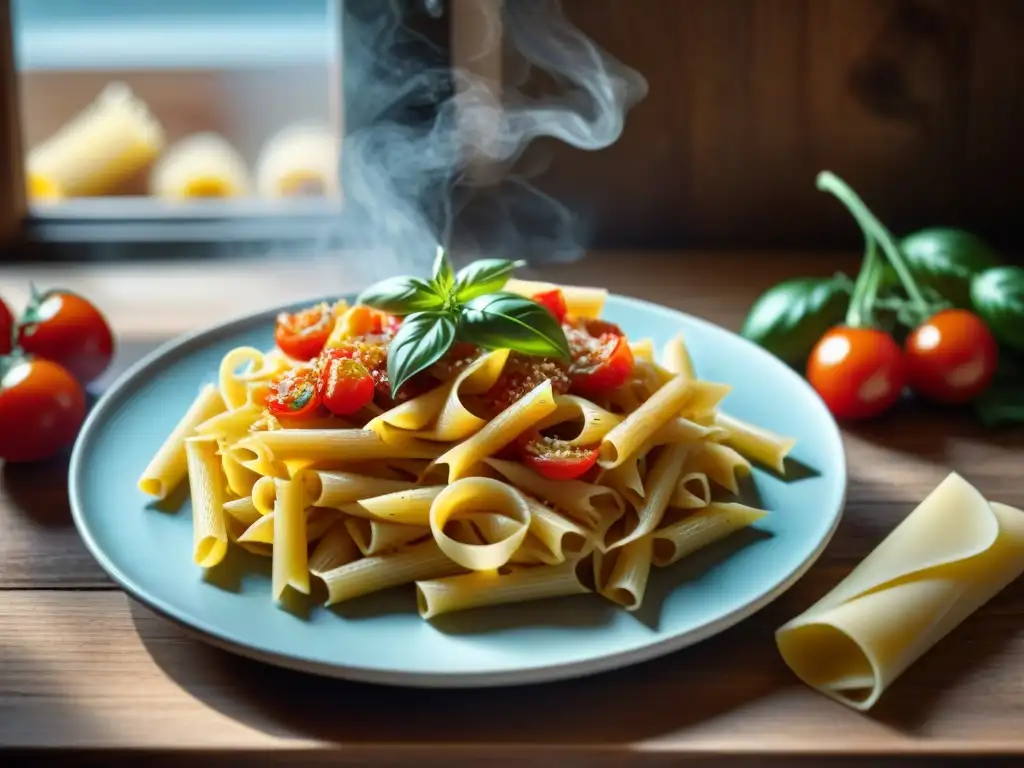 Una exquisita variedad de pastas sin gluten con vegetales frescos y queso parmesano en una mesa rústica