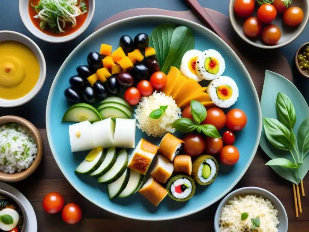 Una exquisita variedad de platos internacionales sin gluten en una mesa rústica, con sabores y colores vibrantes