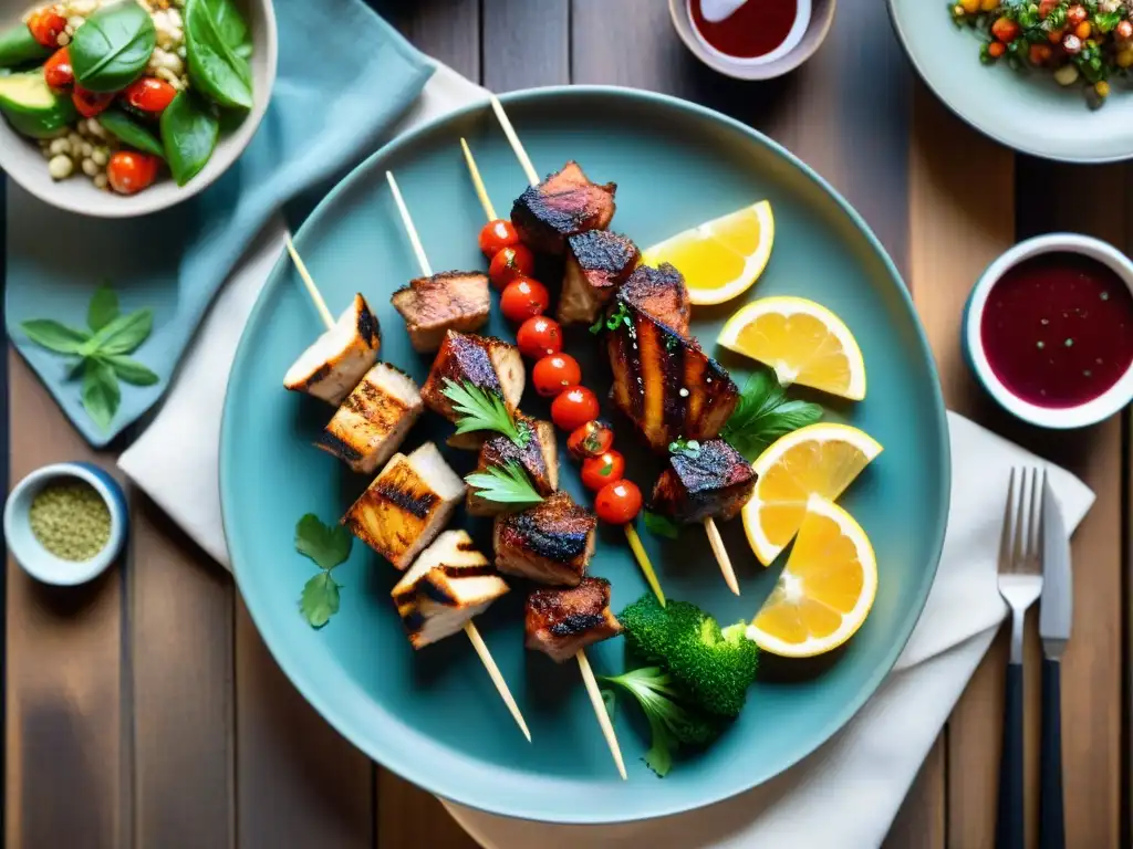 Una exquisita variedad de platos marinados sin gluten sabrosos en una mesa rústica de madera, con iluminación cálida y texturas vibrantes