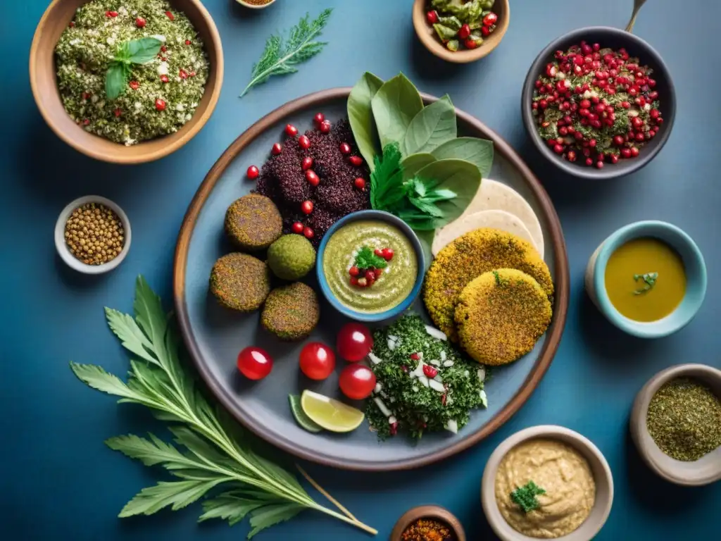 Una exquisita variedad de platos tradicionales del Medio Oriente sin gluten, presentados de manera artística en una mesa rústica