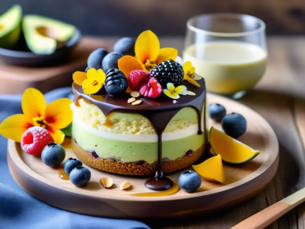 Una exquisita variedad de postres sin gluten: mousse de aguacate, pastel de limón y panna cotta de coco en una presentación elegante