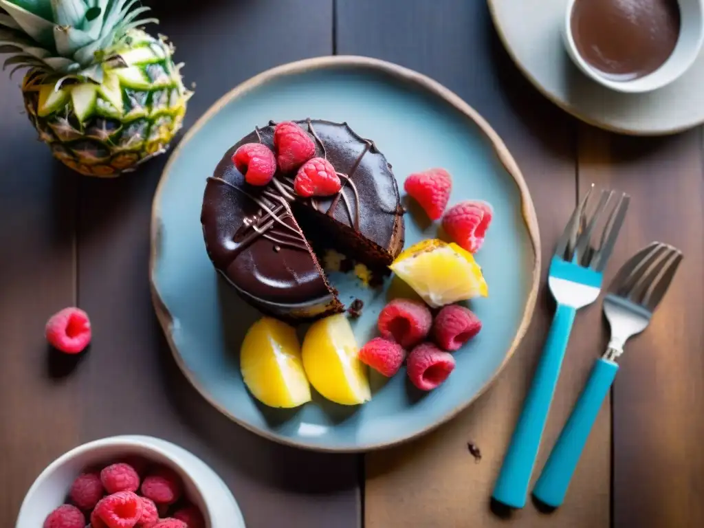 Una exquisita variedad de postres sin gluten innovadores: pastel de chocolate sin harina, macarrón de coco y ensalada de frutas en piña tallada