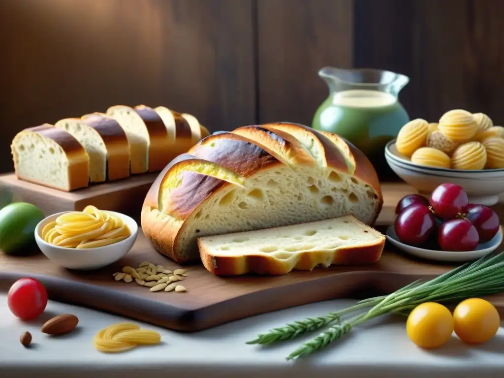 Una exquisita variedad de productos sin gluten de calidad dispuestos en una mesa rústica, iluminados por una cálida luz natural