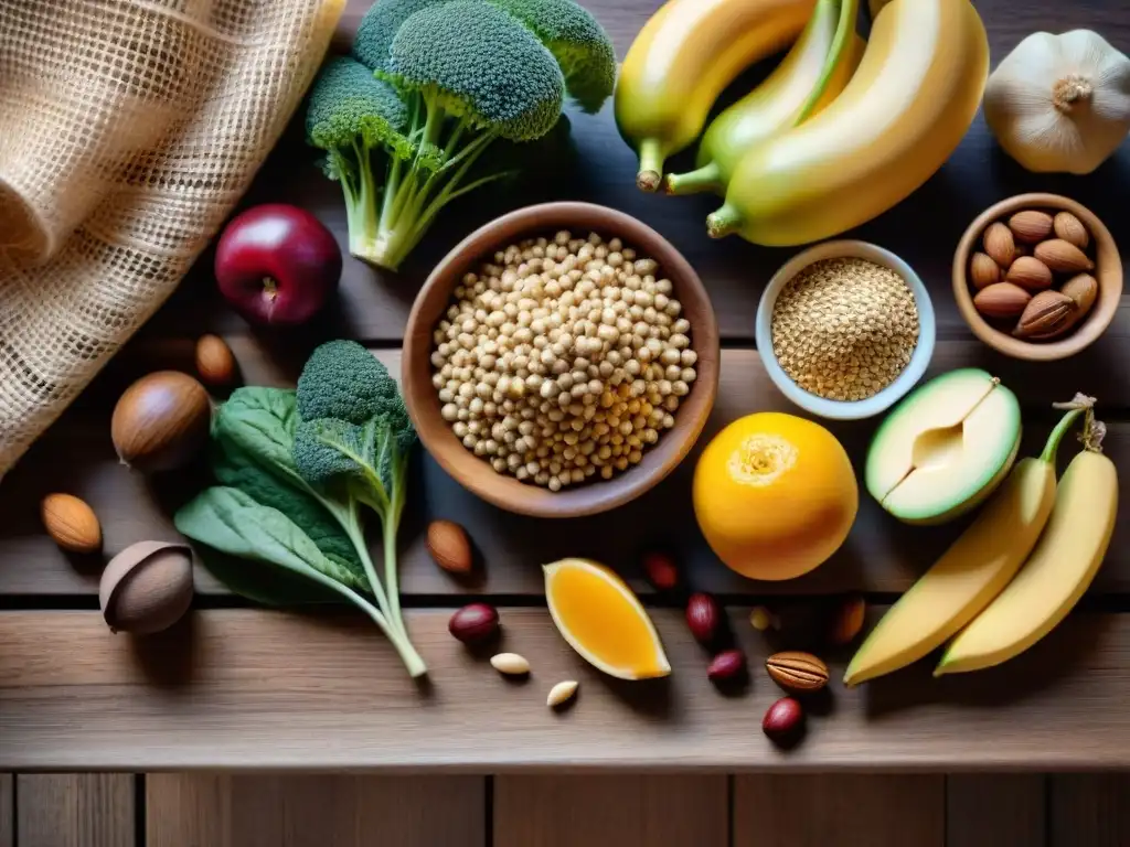 Una exquisita variedad de productos orgánicos sin gluten azúcar dispuestos artísticamente en una mesa de madera rústica, bajo una suave luz natural