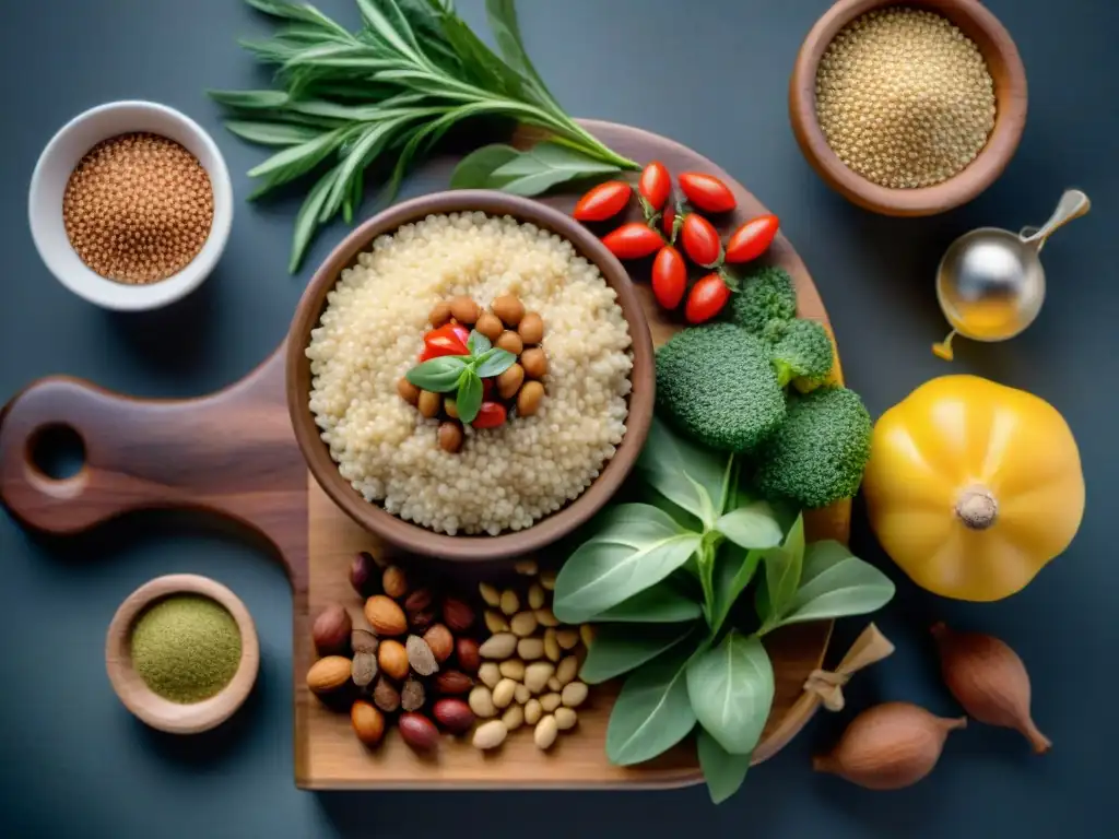 Deliciosa variedad de proteínas sin gluten en tabla de madera Una exquisita variedad de proteínas sin gluten en dieta, como quinoa, carnes magras, frijoles, nueces y semillas en un tablero de madera con hierbas frescas