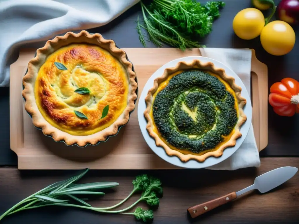 Una exquisita variedad de quiches sin gluten con recetas innovadoras, presentados de forma colorida y apetitosa en una mesa rústica