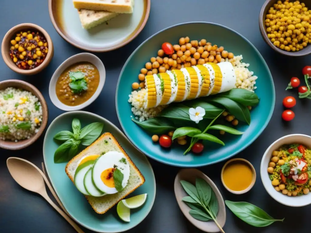 Una exquisita variedad de recetas sin gluten de culturas en coloridos platos sobre mesa de madera