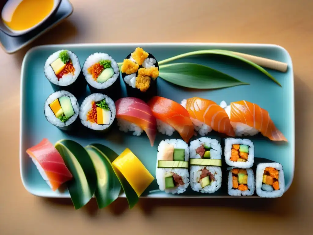 Una exquisita variedad de rolls de sushi sin gluten recetas innovadoras, meticulosamente presentados en un plato moderno y elegante