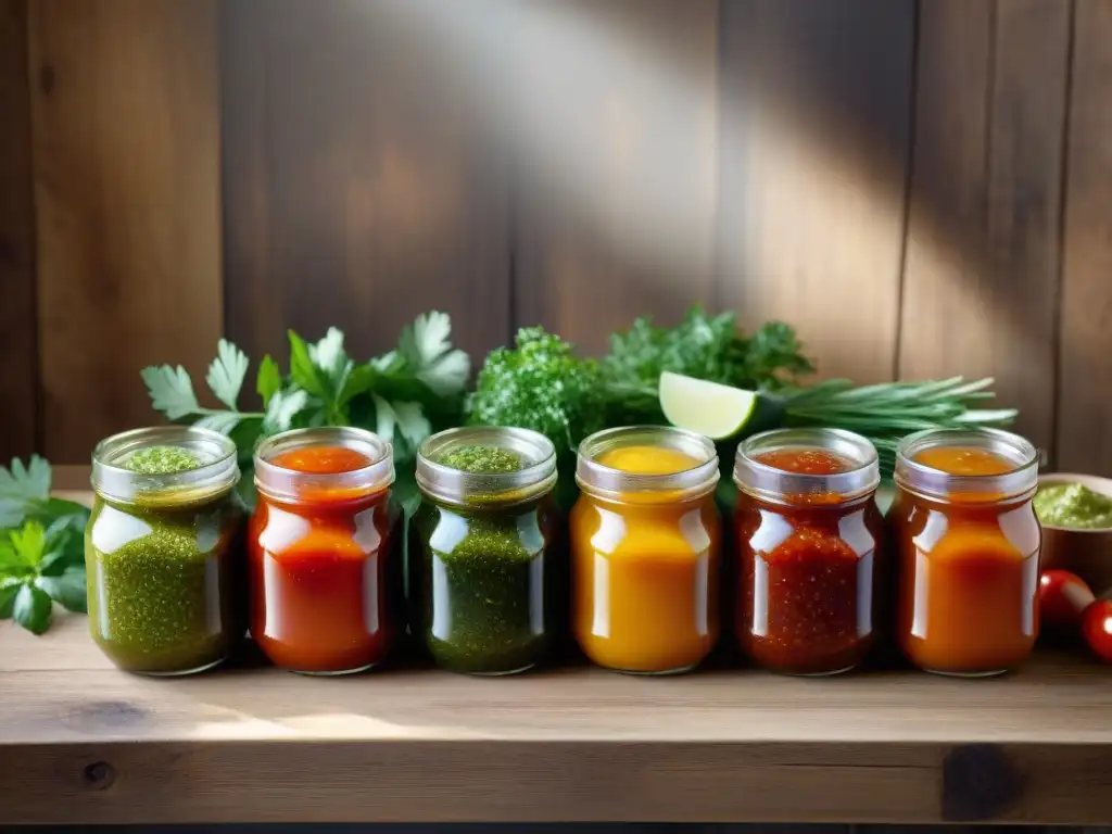 Una exquisita variedad de salsas fermentadas sin gluten en frascos de vidrio sobre mesa rústica