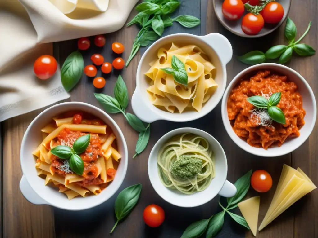 Una exquisita variedad de salsas de pasta sin gluten recetas, presentadas con elegancia en platos individuales sobre una mesa rústica de madera