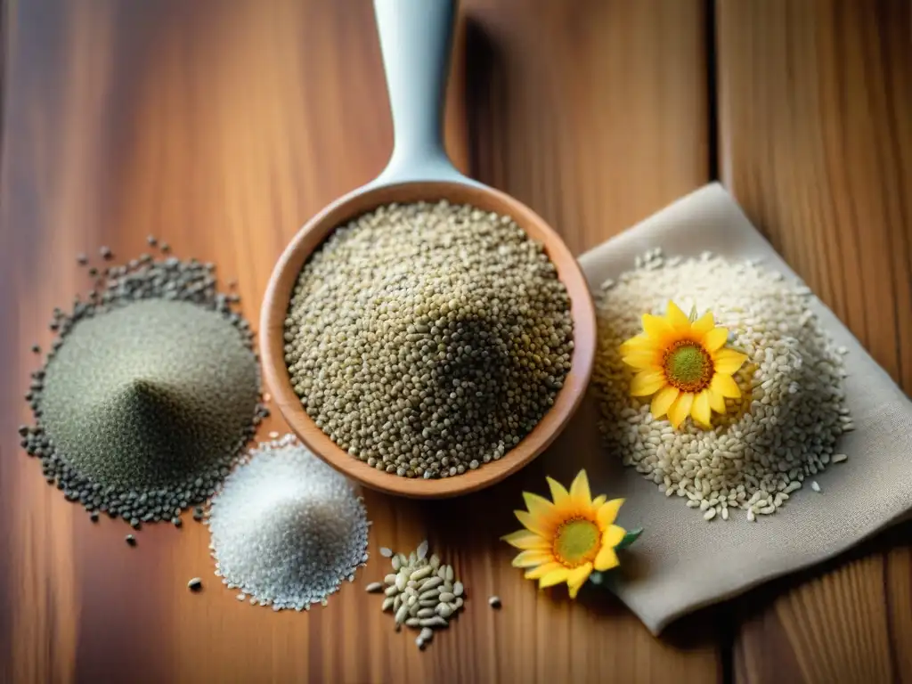 Exquisita variedad de semillas sin gluten en mesa de madera Una exquisita variedad de semillas sin gluten como chía, lino, quinoa y girasol, resaltando sus texturas y beneficios nutricionales en una elegante composición sobre una mesa de madera con iluminación natural suave