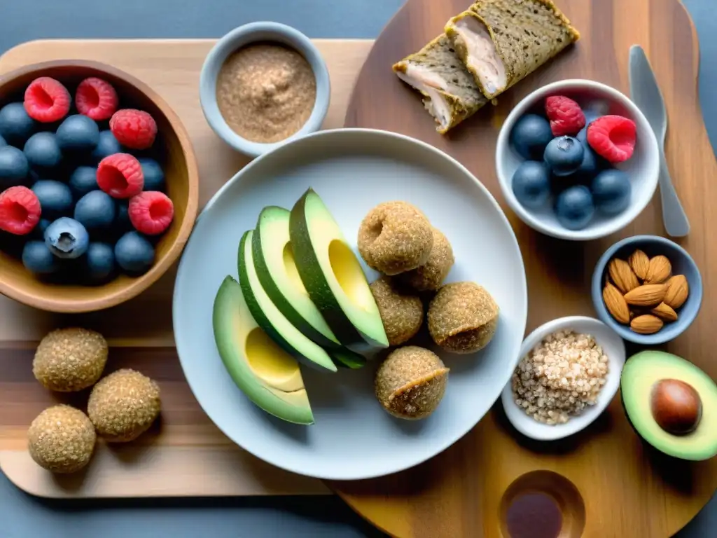 Una exquisita variedad de Snacks proteicos sin gluten saludables, delicadamente presentados en tabla de madera con ingredientes frescos y coloridos