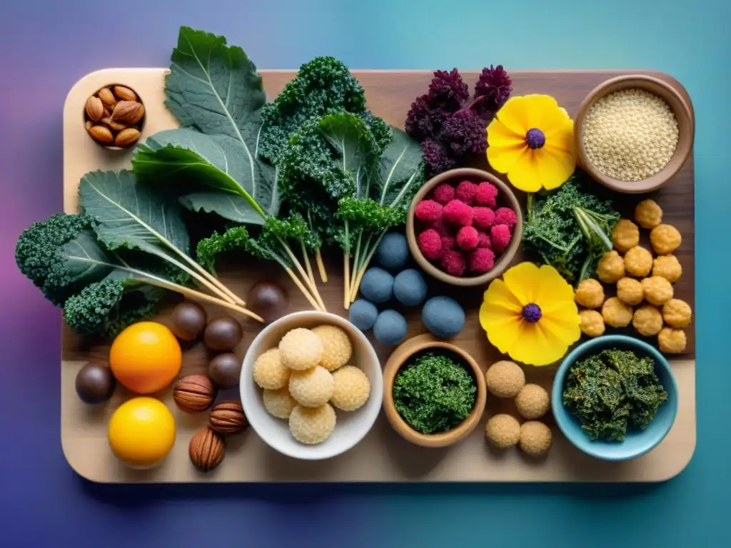 Una exquisita variedad de snacks saludables sin gluten ajetreo, coloridos y apetitosos, dispuestos en una elegante tabla de madera moderna