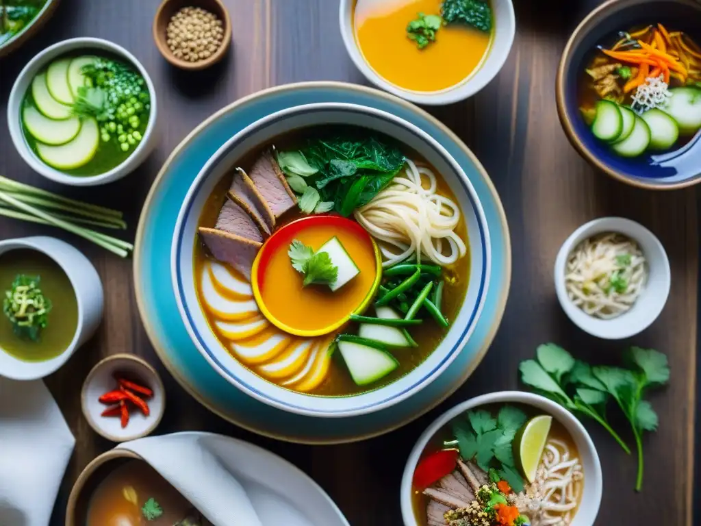 Una exquisita variedad de sopas asiáticas sin gluten innovadoras, presentadas con elegancia en cuencos de cerámica sobre una mesa de madera