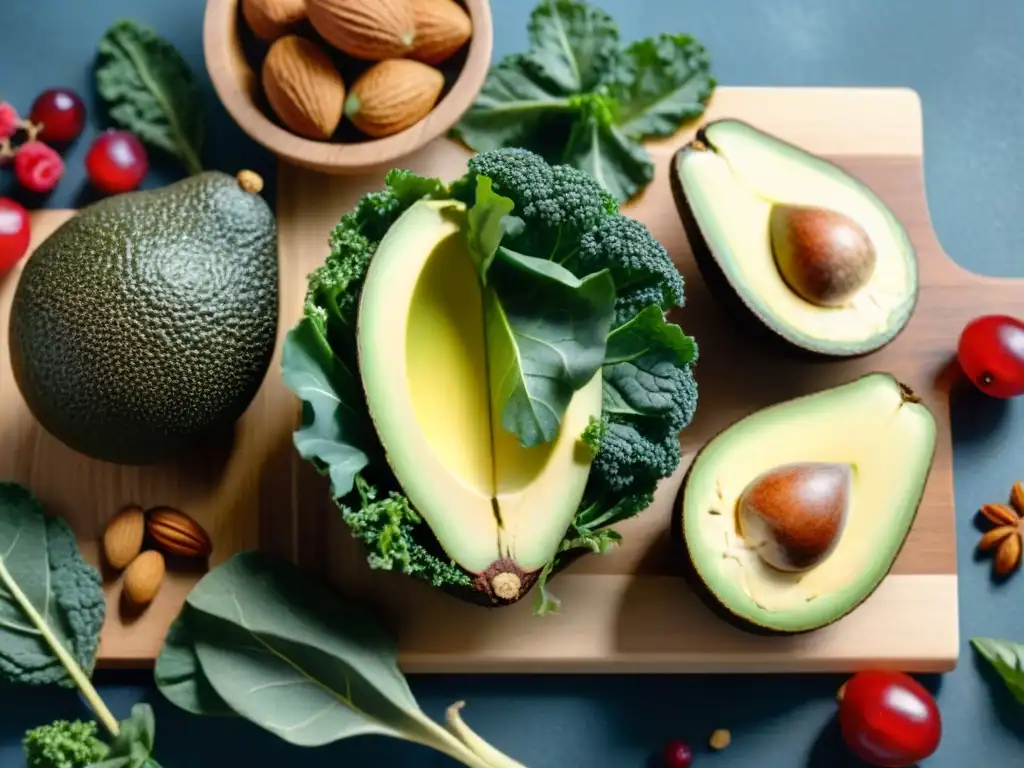 Una exquisita variedad de superalimentos Paleo sin gluten, como aguacates maduros, bayas vibrantes, kale, nueces y hierbas frescas, brillando bajo una suave iluminación natural en una tabla de cortar de madera