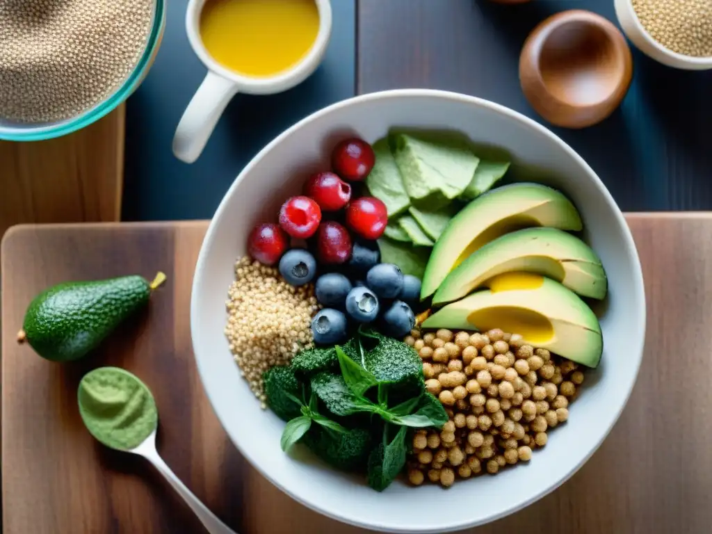 Una exquisita variedad de superalimentos sin gluten frescos y coloridos, dispuestos en una mesa de madera rústica