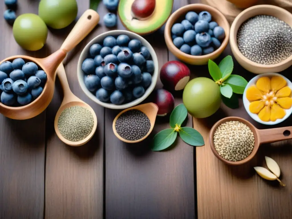 Una exquisita variedad de superalimentos en una mesa de madera rústica, destacando las Nueces de Brasil sin gluten