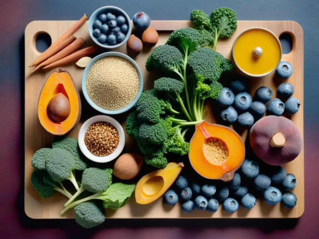 Una exquisita variedad de superalimentos en una tabla de madera, ideal para la cocina sin gluten