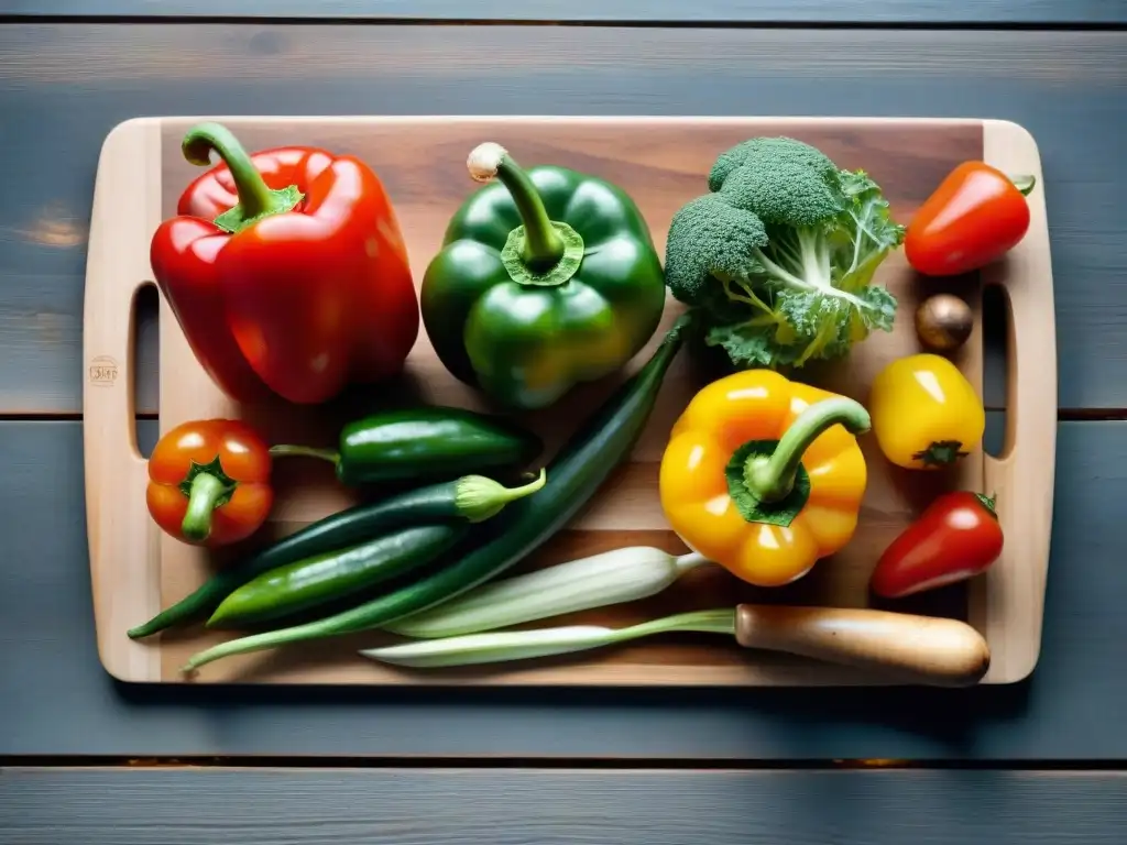 Una exquisita variedad de vegetales frescos orgánicos sobre tabla de cortar de madera rústica