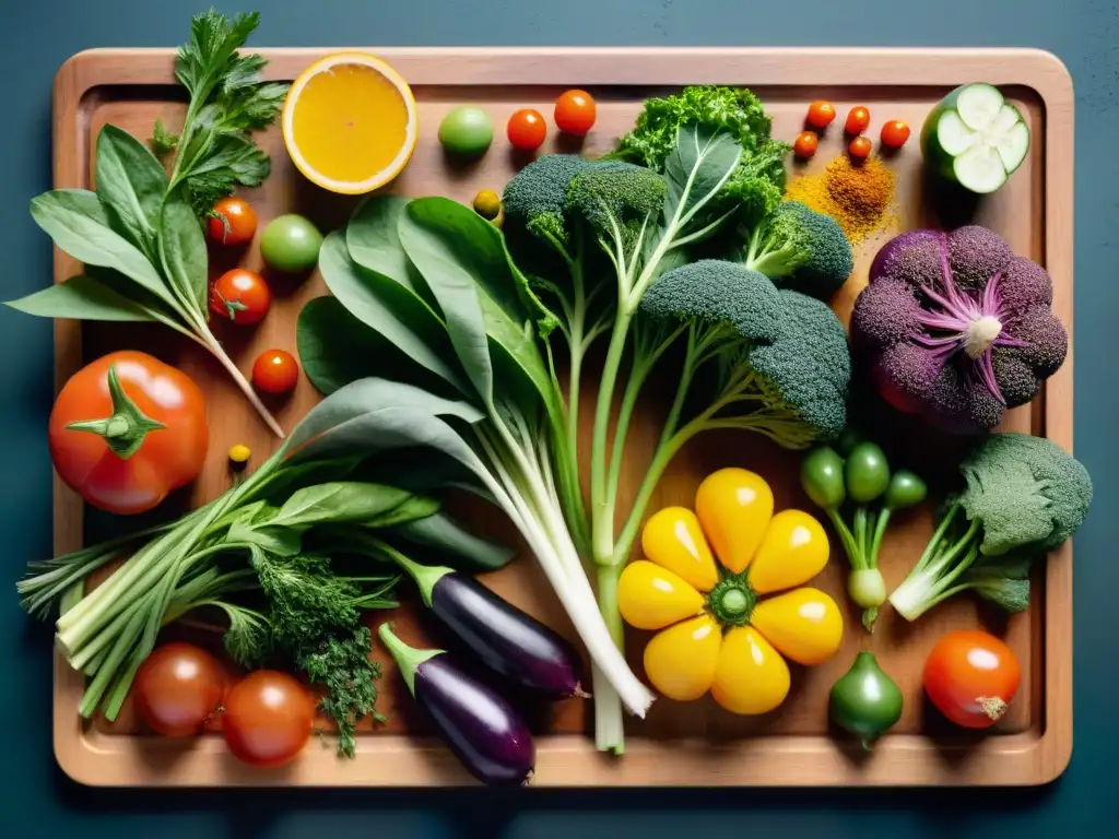 Una exquisita variedad de vegetales frescos, hierbas y especias sobre tabla de madera, resaltando textura y frescura en cocina sin gluten con sousvide