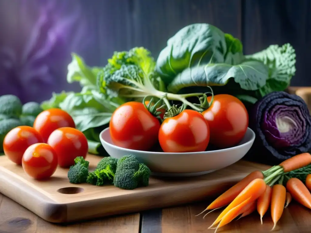 Una exquisita variedad de vegetales frescos y coloridos sobre tabla de madera rústica