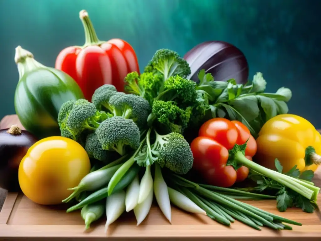 Una exquisita variedad de vegetales y hierbas frescas en tabla de madera, resaltando la frescura de sustitutos veganos cocina sin gluten