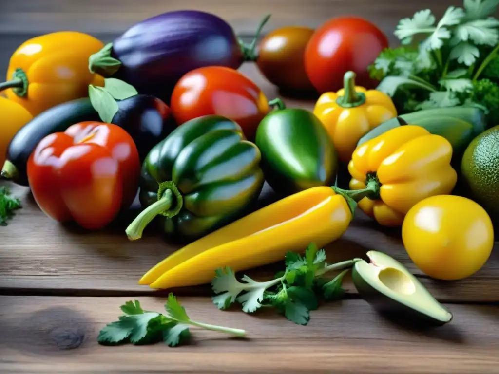 Una exquisita variedad de vegetales latinos frescos y coloridos en una mesa rústica