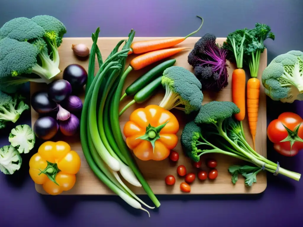 Una exquisita variedad de vegetales y legumbres coloridos en tabla de cortar de madera