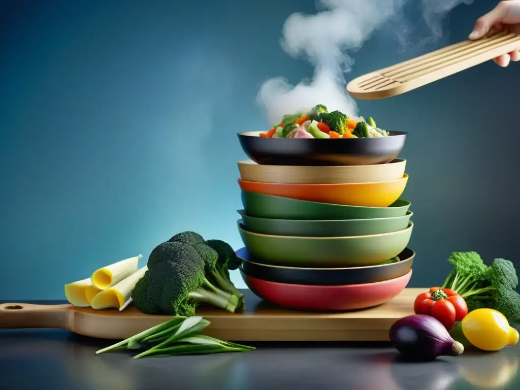 Una exquisita variedad de verduras y carnes en vaporeras, resaltando la versatilidad y potencial saludable para recetas sin gluten